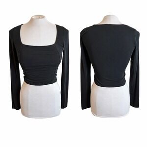 Wilfred Aritzia Black Ruched Square Neck Long Sleeve Crop Top Shirt Size S